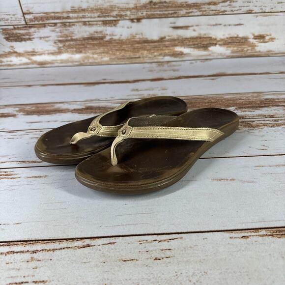 OluKai Aukai Women’s Leather Flip Flop Sandals Beige Sz 8 - Picture 4 of 10